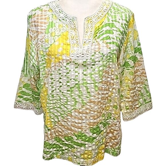 Alfred Dunner Tops - Alfred Dunner Petite Womens Embroidered Neck 3/4 Sleeve 100% Cotton Top Size 16P